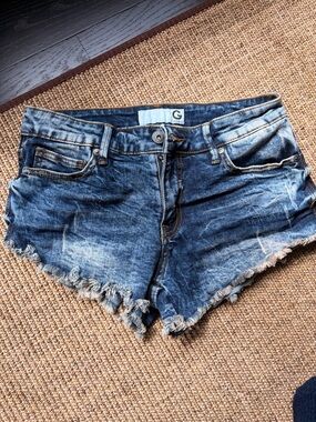 Guess Distressed Blue Frayed-Hem Denim Shorts